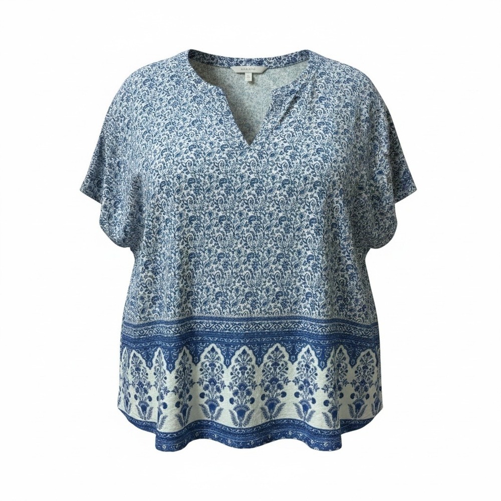 Lucky Brand Top Womens 1X Blue Paisley Floral Split Neck Boho Coastal Summer